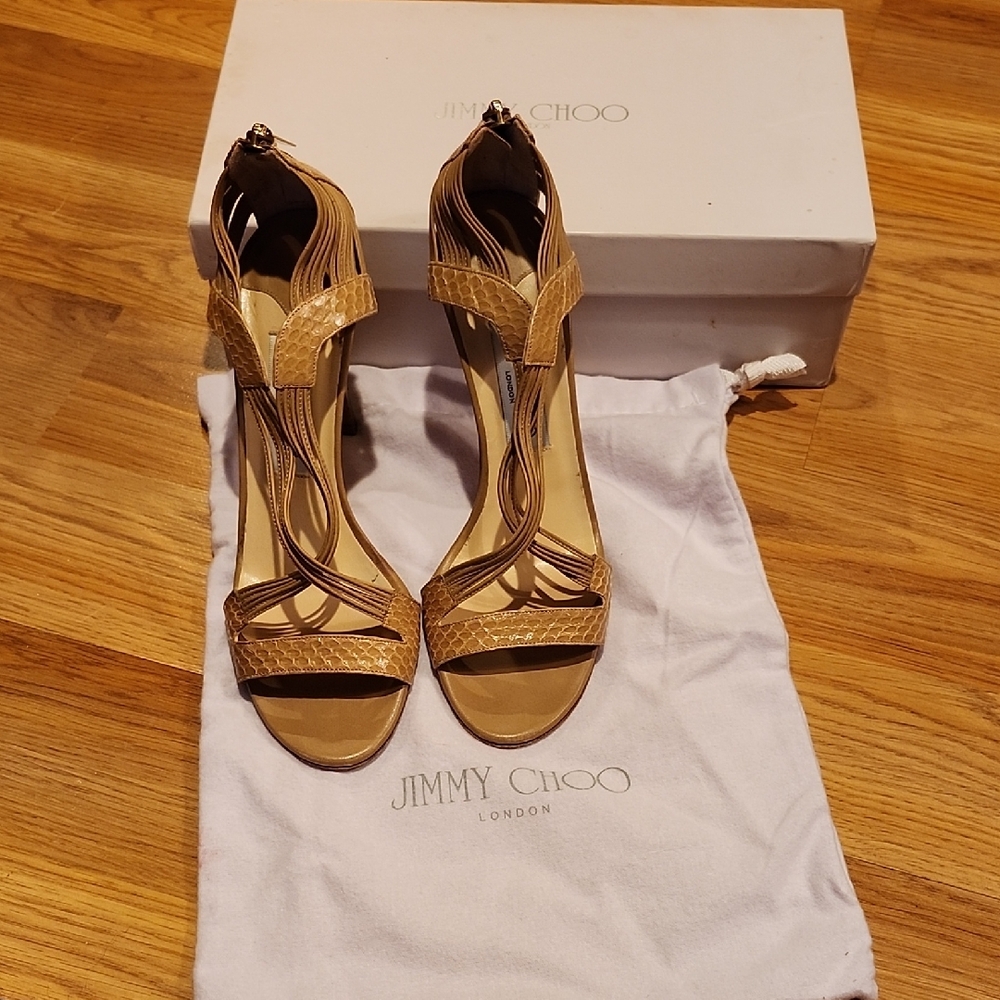 Jimmy Choo Tan Faux Snake Print Heels